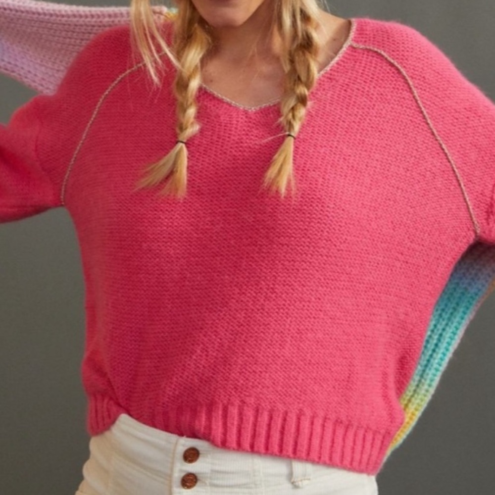 Anthropologie Pilcro Theia Fuschia Pink V Neck Long Sleeve Sweater Size XS NWOT